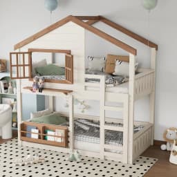 Twin House Bunk Bed Window Roof Bookshelf Wood Frame Ladder Guardrail Kids Playhouse Space Saver, Customized