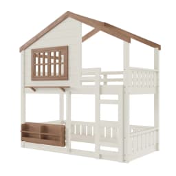Twin House Bunk Bed Window Roof Bookshelf Wood Frame Ladder Guardrail Kids Playhouse Space Saver, Customized