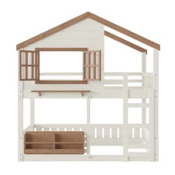 Twin House Bunk Bed Window Roof Bookshelf Wood Frame Ladder Guardrail Kids Playhouse Space Saver, Customized