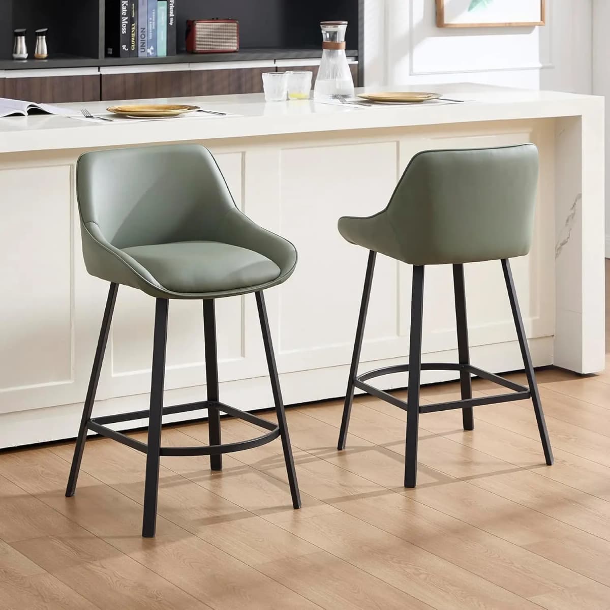 26" Modern Bar Stools Set of 2, Faux Leather Upholstered Bar Stools, Counter Height Bar Chairs with Back, Customized