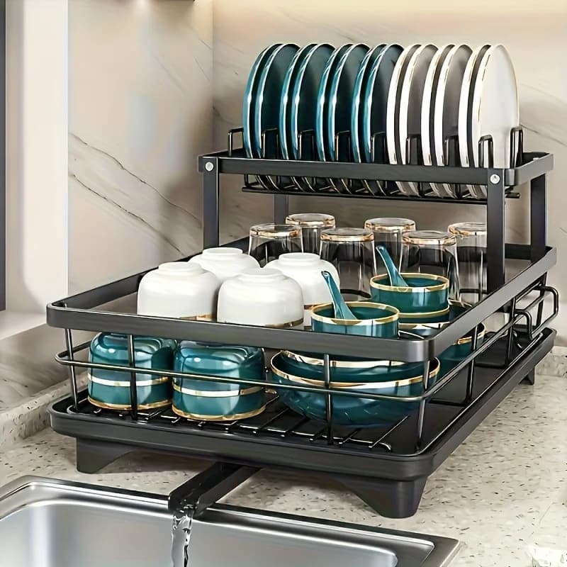 Commercial-Grade Dish Drying Rack – 2-Tier Stainless Steel with Water Catch Tray, Rust-Proof for Home or Business
