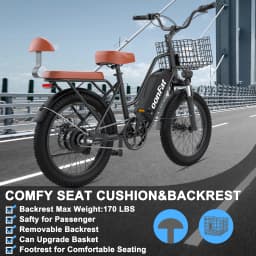 LoonFat T20 Black Adult Ebike 1000W Motor 25 MPH Speed Limiter 48V 15.6Ah Lithium Battery 170 Lbs Max Load Cable Brakes