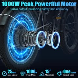 LoonFat T20 Black Adult Ebike 1000W Motor 25 MPH Speed Limiter 48V 15.6Ah Lithium Battery 170 Lbs Max Load Cable Brakes