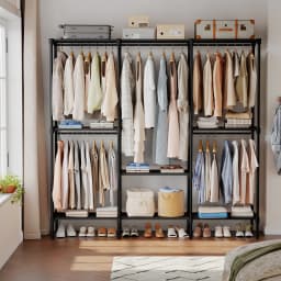 JHK 72IN to 81IN Portable Three Rows Wardrobe Closet with Hanging Rods Clothing Rack with Shelves Mudroom Storage Organizer