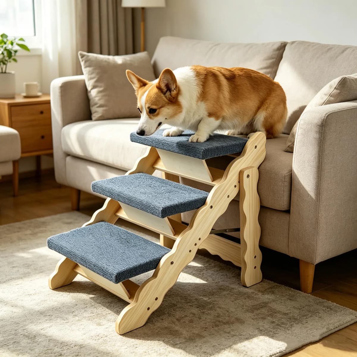 2-in-1 Wooden Pet Stairs & Folding Dog Ramp 3/4 Step Anti-Slip Ladder For High Beds Cars Indoor Cats Dogs Support Up To 150lbs