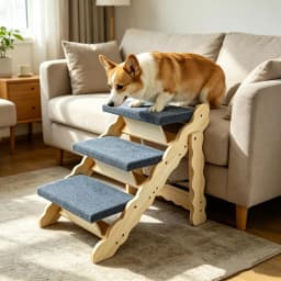 2-in-1 Wooden Pet Stairs & Folding Dog Ramp 3/4 Step Anti-Slip Ladder For High Beds Cars Indoor Cats Dogs Support Up To 150lbs