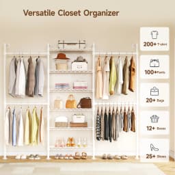 White H3 Wall Mounted Closet System, 5FT-8FT Expandable Industrial Pipe Clothes Rack with 4 Wire Shelves, Heavy Duty Clothing Rack For Hanging Clothes, Walk-In Closet Organizers And Storage In Wardrobe Closet, Black / Gold Pink