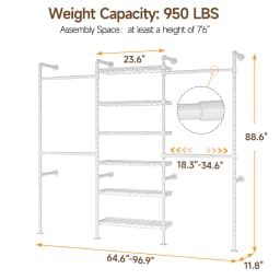 White H3 Wall Mounted Closet System, 5FT-8FT Expandable Industrial Pipe Clothes Rack with 4 Wire Shelves, Heavy Duty Clothing Rack For Hanging Clothes, Walk-In Closet Organizers And Storage In Wardrobe Closet, Black / Gold Pink
