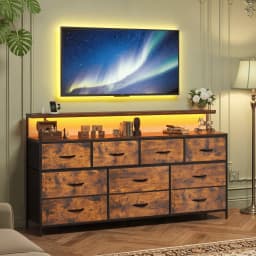 EnHomee 55" Multi-Function Dresser – 10 Spacious Fabric Drawers (Long Drawers), LED Lighting & AC Outlets, Metal Frame – For Bedroom or Hallway