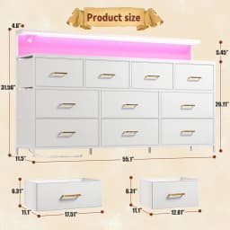 EnHomee 55" Multi-Function Dresser – 10 Spacious Fabric Drawers (Long Drawers), LED Lighting & AC Outlets, Metal Frame – For Bedroom or Hallway
