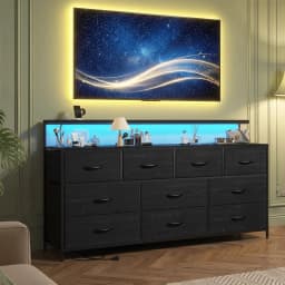 EnHomee 55" Multi-Function Dresser – 10 Spacious Fabric Drawers (Long Drawers), LED Lighting & AC Outlets, Metal Frame – For Bedroom or Hallway