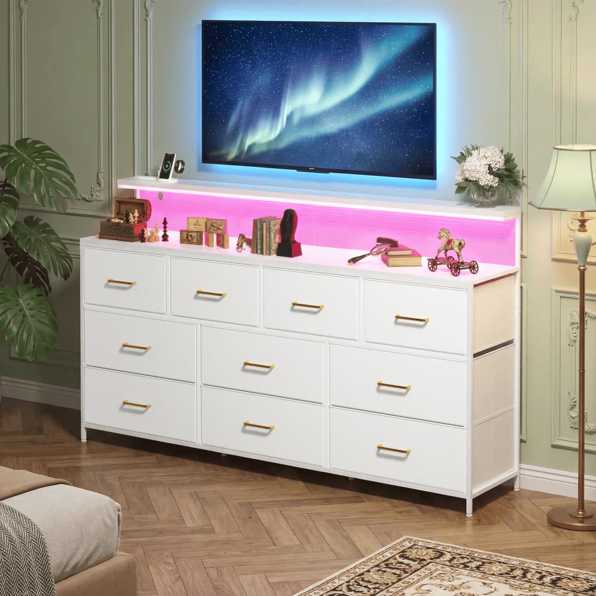 EnHomee 55" Multi-Function Dresser – 10 Spacious Fabric Drawers (Long Drawers), LED Lighting & AC Outlets, Metal Frame – For Bedroom or Hallway