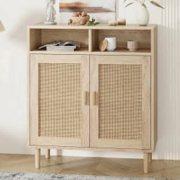 Rattan Entryway Storage Cabinet – 4 Door Sideboard Buffet with Shelf – Handwoven Boho Accent Furniture for Kitchen, Dining