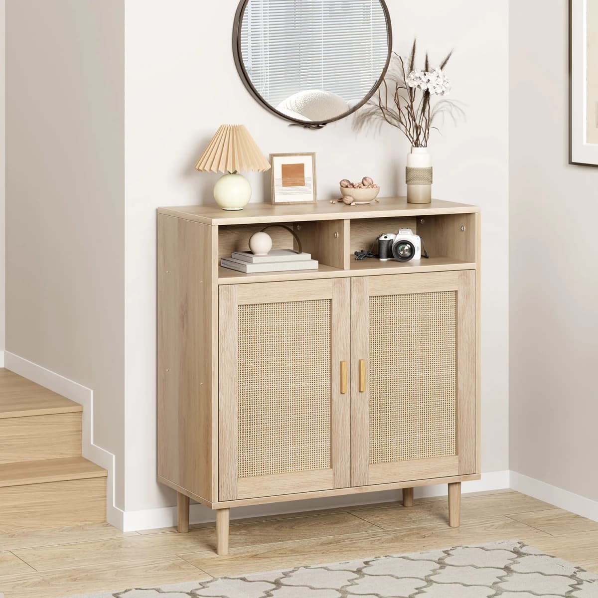 Rattan Entryway Storage Cabinet – 4 Door Sideboard Buffet with Shelf – Handwoven Boho Accent Furniture for Kitchen, Dining
