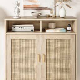 Rattan Entryway Storage Cabinet – 4 Door Sideboard Buffet with Shelf – Handwoven Boho Accent Furniture for Kitchen, Dining