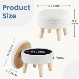 JHK Round Storage Ottoman Stool Teddy Velvet Padded Seat Footstool with Hidden Storage Wood Legs for Living Room Bedroom
