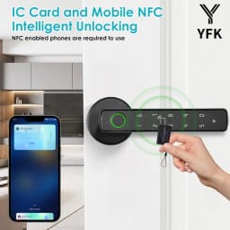 YFK Tuya 5-in-1 Smart Door Handle Lock Bluetooth Fingerprint Keyless Entry Lock Fake PIN NFC IC Card Temporary Password APP Remote Unlock Interior Smart Life Lock for Home Apartment Office Wooden Door