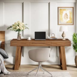 Tribesigns 55 Inch Walnut Computer Desk with Drawer, Mid-Century Farmhouse Executive Desk, Rustic Wide Desktop Home Office Desk for Workstation