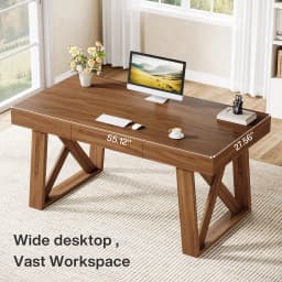 Tribesigns 55 Inch Walnut Computer Desk with Drawer, Mid-Century Farmhouse Executive Desk, Rustic Wide Desktop Home Office Desk for Workstation