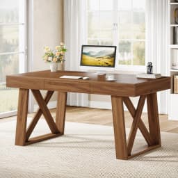 Tribesigns 55 Inch Walnut Computer Desk with Drawer, Mid-Century Farmhouse Executive Desk, Rustic Wide Desktop Home Office Desk for Workstation