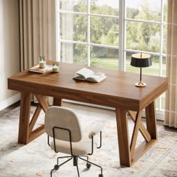 Tribesigns 55 Inch Walnut Computer Desk with Drawer, Mid-Century Farmhouse Executive Desk, Rustic Wide Desktop Home Office Desk for Workstation
