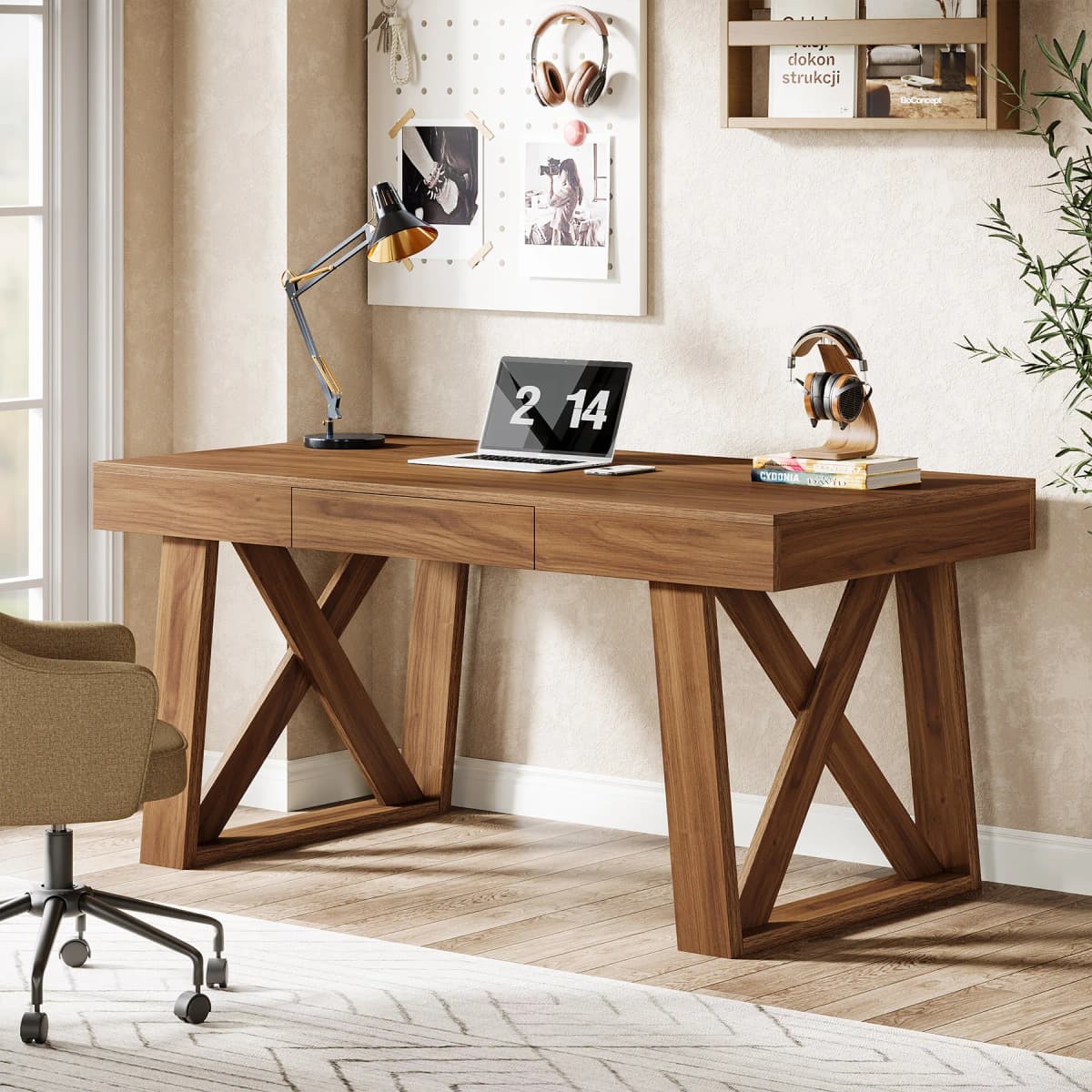 Tribesigns 55 Inch Walnut Computer Desk with Drawer, Mid-Century Farmhouse Executive Desk, Rustic Wide Desktop Home Office Desk for Workstation