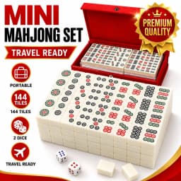 144 Tiles Mini Mahjong Game Set with 2 Dice and Red Carry Storage Case, Classic Portable Mahjong for Family Fun, Party Entertainment, Travel Activities, Table Games, Social Gatherings, Holiday Events and Indoor Play