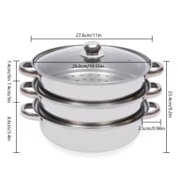 Steamer Pot, 28 cm 3-tier Stainless Steel Steamer Pot Cookware with Lid Handle Stackable Pan Insert, fits for Induction/Gas/Electric Stoves