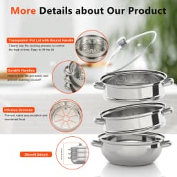 Steamer Pot, 28 cm 3-tier Stainless Steel Steamer Pot Cookware with Lid Handle Stackable Pan Insert, fits for Induction/Gas/Electric Stoves