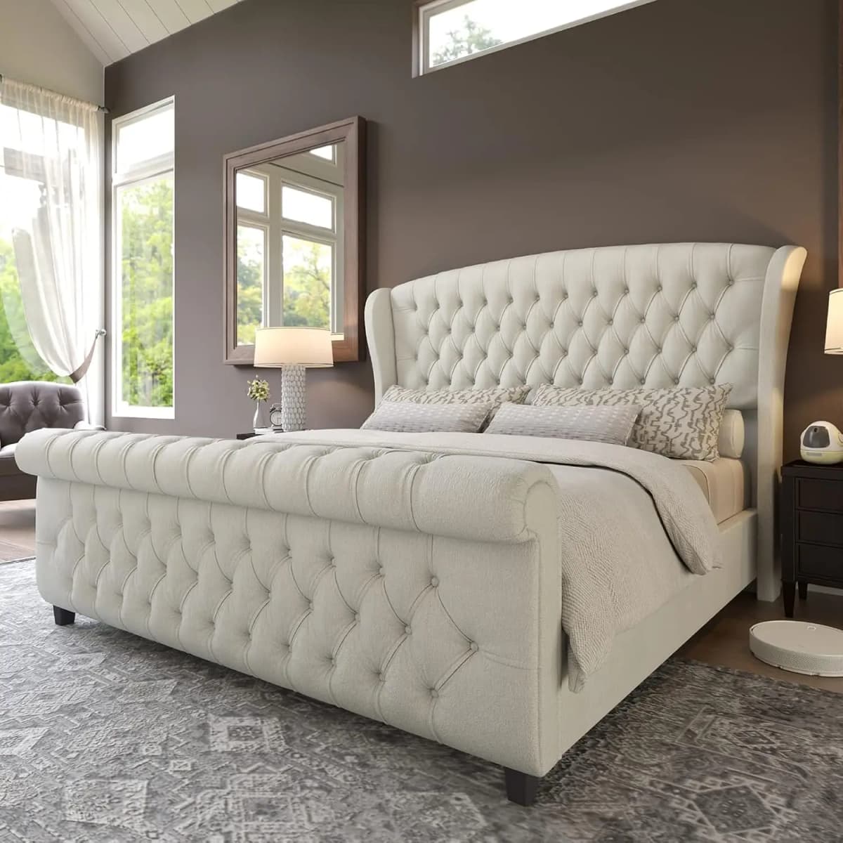 Queen Size Platform Bed Frame, Chenille Upholstered Sleigh Bed with Scroll Wingback Headboard & Footboard/Button, Customized