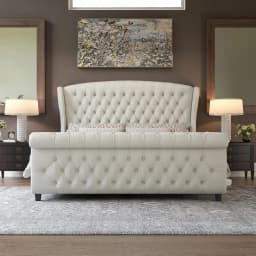 Queen Size Platform Bed Frame, Chenille Upholstered Sleigh Bed with Scroll Wingback Headboard & Footboard/Button, Customized