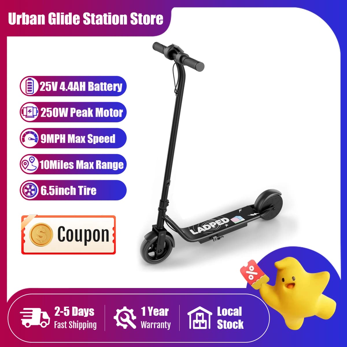 Electric Scooter for Kids, 250W Motor, Max Speed 9 MPH, 6.5" Kick Scooter, 3 Speed Modes, LED Display, Max Load 155LBS