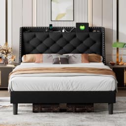 Upholstered Platform Bed Frame Wingback Charging Station Tufted Storage Headboard Wood Slats No Box Spring, Customized