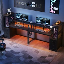 JHK 52In to 59In Gaming Desk with 3 Storage Drawers Wood Office Computer Desks with LED Lights Power Outlets for Office Bedroom