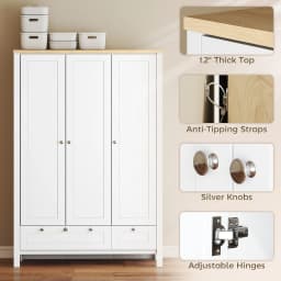 Homcom 3-Door Wardrobe with 2 Drawers, 69inch Clothing Storage Cabinets with Lockable Large Drawers, Hanging Rod and Storage Shelves, Suitable for Bedroom, Wardrobe Cabinet, White
