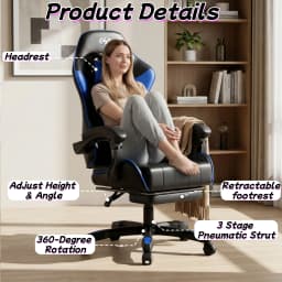 FRODROVIA Ergonomic Gaming Chair, PU Leather Computer Office Chair for Adults, Adjustable Height & Reclining Backrest Angle, 360° Swivel Gaming Desk Chair with Lumbar Support, Headrest and Retractable Footrest