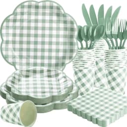 138pcs Green And White Checkered Disposable Dinner Plate Set, Scalloped Gingham Paper Plates, Cups, Knives, Forks, Spoons And Napkins for Birthday Wedding Picnic Mother'S Day Party Decorations, Serve 20 Guests