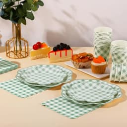 138pcs Green And White Checkered Disposable Dinner Plate Set, Scalloped Gingham Paper Plates, Cups, Knives, Forks, Spoons And Napkins for Birthday Wedding Picnic Mother'S Day Party Decorations, Serve 20 Guests