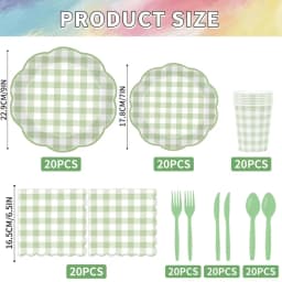 138pcs Green And White Checkered Disposable Dinner Plate Set, Scalloped Gingham Paper Plates, Cups, Knives, Forks, Spoons And Napkins for Birthday Wedding Picnic Mother'S Day Party Decorations, Serve 20 Guests