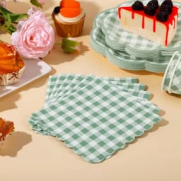 138pcs Green And White Checkered Disposable Dinner Plate Set, Scalloped Gingham Paper Plates, Cups, Knives, Forks, Spoons And Napkins for Birthday Wedding Picnic Mother'S Day Party Decorations, Serve 20 Guests