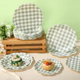 138pcs Green And White Checkered Disposable Dinner Plate Set, Scalloped Gingham Paper Plates, Cups, Knives, Forks, Spoons And Napkins for Birthday Wedding Picnic Mother'S Day Party Decorations, Serve 20 Guests