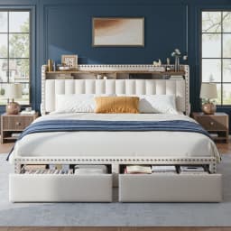 Bed Frame with 2-Tier Storage Headboard & 2 Storage Drawers Upholstered Platform Bed Frame No Box Spring Needed for Bedroom
