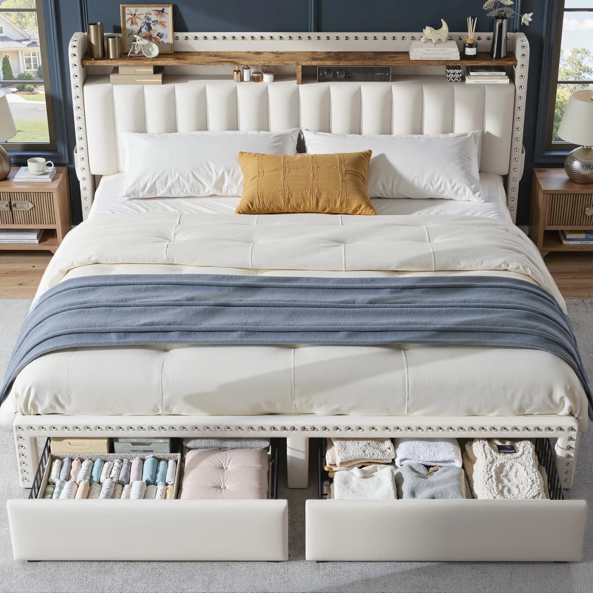 Bed Frame with 2-Tier Storage Headboard & 2 Storage Drawers Upholstered Platform Bed Frame No Box Spring Needed for Bedroom