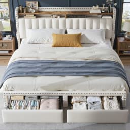 Bed Frame with 2-Tier Storage Headboard & 2 Storage Drawers Upholstered Platform Bed Frame No Box Spring Needed for Bedroom