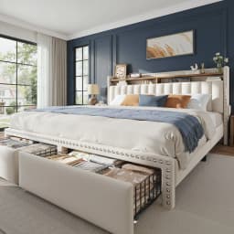 Bed Frame with 2-Tier Storage Headboard & 2 Storage Drawers Upholstered Platform Bed Frame No Box Spring Needed for Bedroom