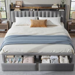 Bed Frame with 2-Tier Storage Headboard & 2 Storage Drawers Upholstered Platform Bed Frame No Box Spring Needed for Bedroom