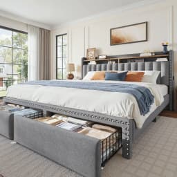 Bed Frame with 2-Tier Storage Headboard & 2 Storage Drawers Upholstered Platform Bed Frame No Box Spring Needed for Bedroom