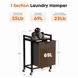 JHK 69L Cabinets with Movable Wheels Rolling Laundry Basket Metal Frame and Pull-Out Removable Sorter Bags Clothes Basket Organizer for Furniture 
