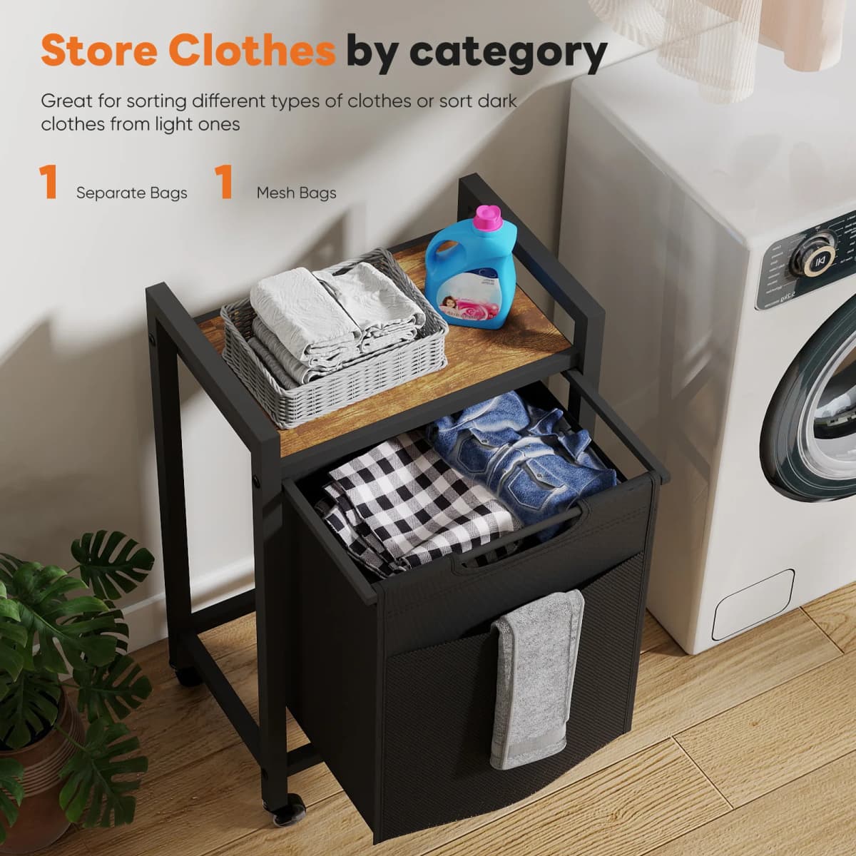 JHK 69L Cabinets with Movable Wheels Rolling Laundry Basket Metal Frame and Pull-Out Removable Sorter Bags Clothes Basket Organizer for Furniture 