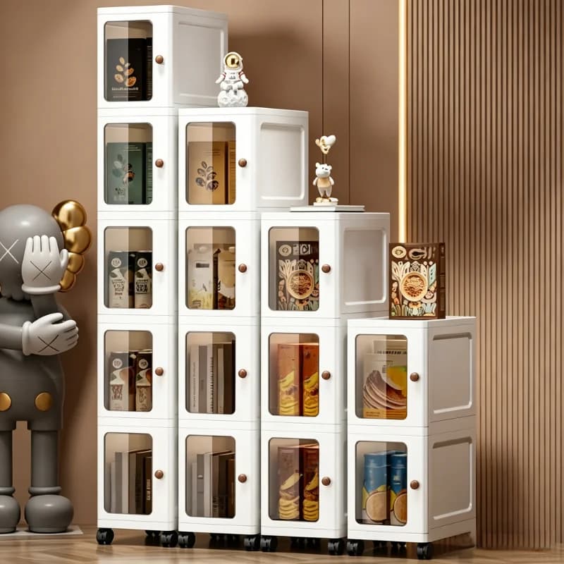 3/4/5/6-layer ultra-narrow gap stackable storage cabinet, freely combinable foldable plastic storage box, with a single transparent visible door and round handle, 23×31cm vertical rolling ultra-narrow storage box with universal wheels, suitable for storag